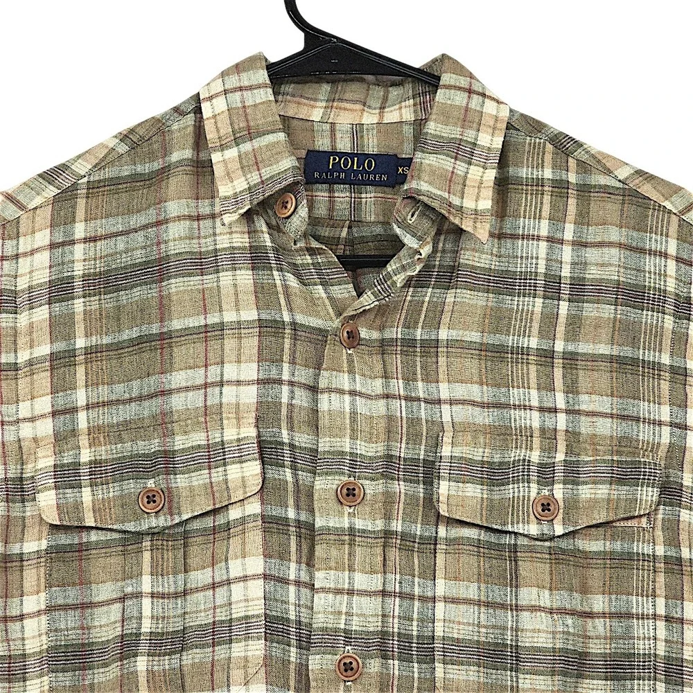 Polo Ralph Lauren Linen Button Down Shirt XS Men Fern Red Plaid Great Escape NEW